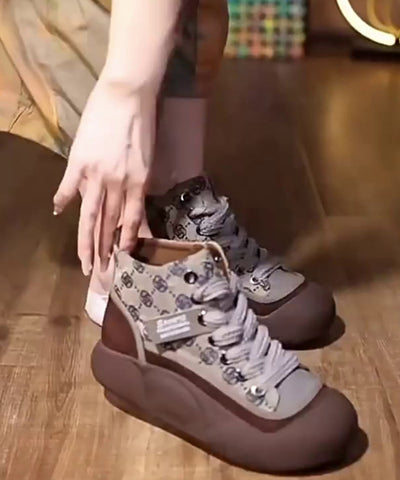 Zapatos planos de plataforma de lona casual color caqui con tiras cruzadas 