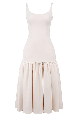 Vestido midi de cintura baja con tirantes anchos y escote cuadrado de silueta elegante 