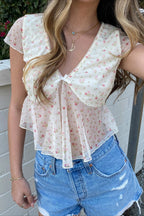 Solid V Neck Floral Mesh Blouse
