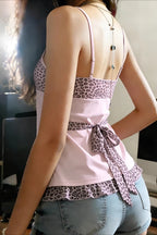 Sweet Leopard Patchwork Bow Lace Cami Top