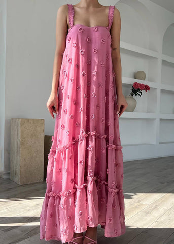 Boho Rosa Rüschen Blumen Baumwolle Spaghettiträger Kleid Ärmellos 