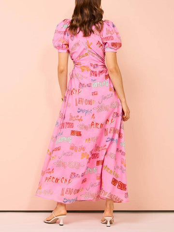 Vestido midi con estampado único, mangas abullonadas y cintura con cordón