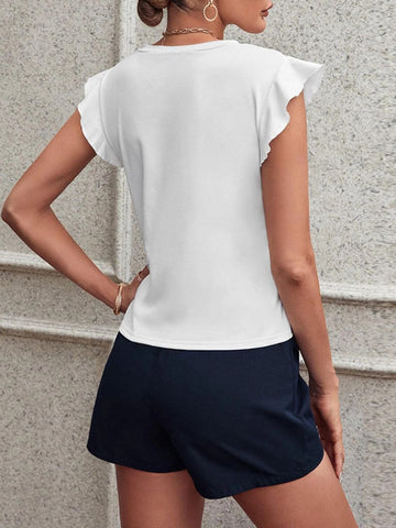 Loose Ruffle Sleeves Solid Color Split-Joint V-Neck T-Shirts Tops