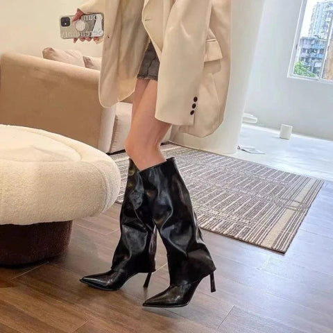 Botas cortavientos para mujer, zapatos de tacón alto, primavera otoño 2024, nuevas botas de caballero de piel suave con tacón fino y puntiagudo hasta la rodilla. 