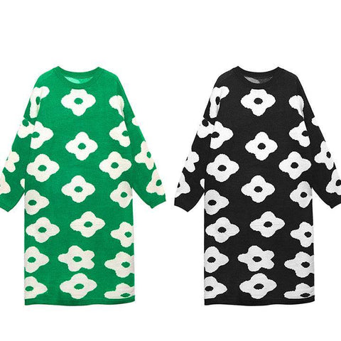 Suéter de punto con estampado negro estético para mujer, vestido holgado de punto con cuello redondo 