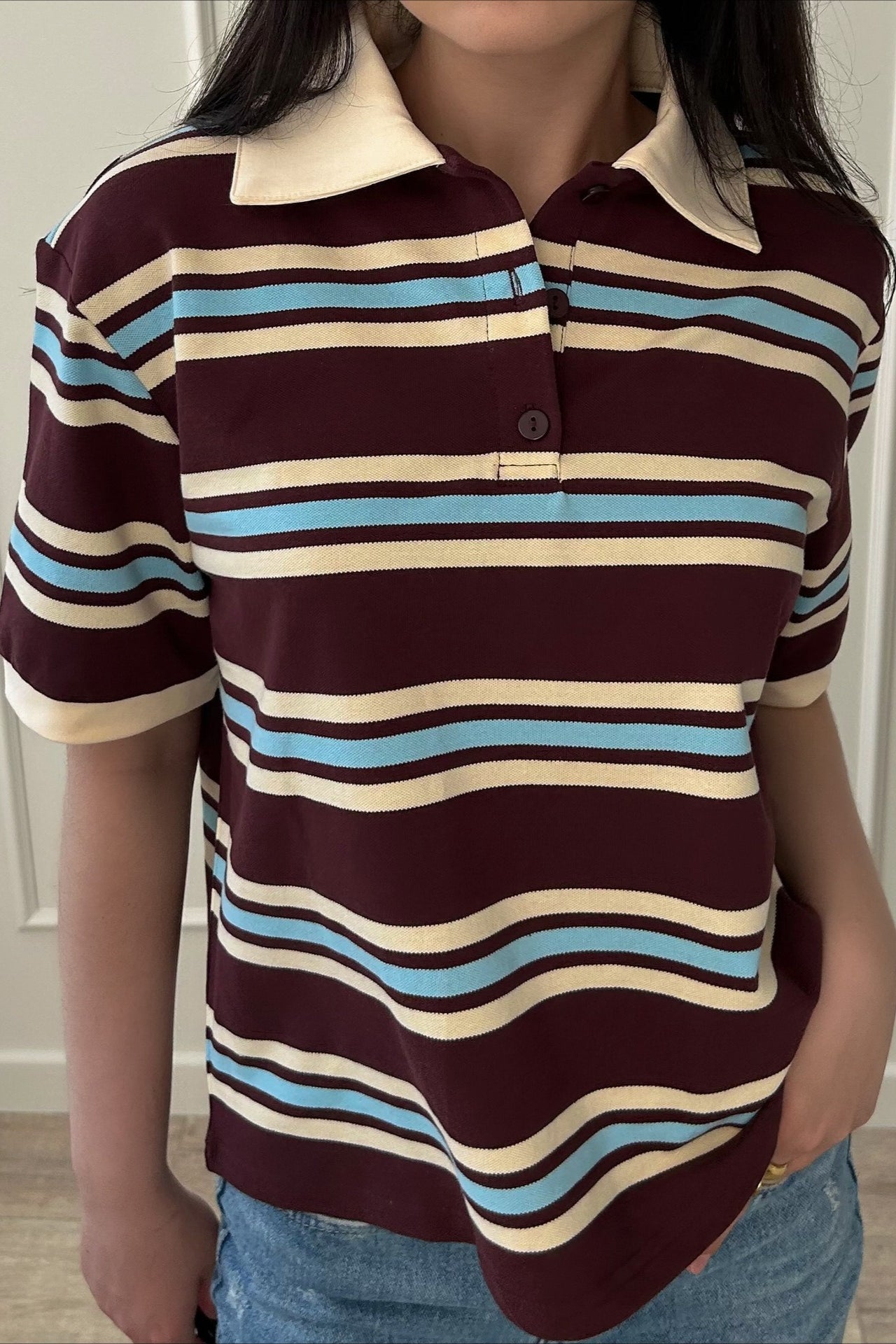 Vintage Color Block Stripe Polo Short Sleeve T-shirt