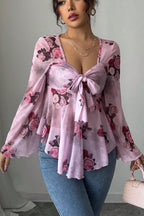 Floral Tie Dye Square Neck Tie Long Sleeve Blouse