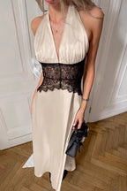 Sexy Lace Sheer Deep V Halter Maxi Dress