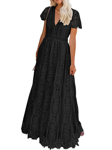 V-Neck Maxi Dress Short Sleeves Casual Long Dress
