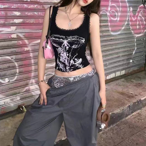 Tops con estampado gótico, top corto estético Y2K, top de encaje sin mangas, camisola, chaleco Harajuku, ropa de calle, camiseta sin mangas negra, ropa para mujer 