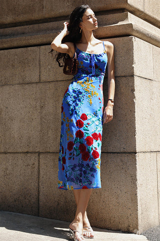 Vestido midi Julie de terciopelo floral con efecto desgastado y espalda descubierta 