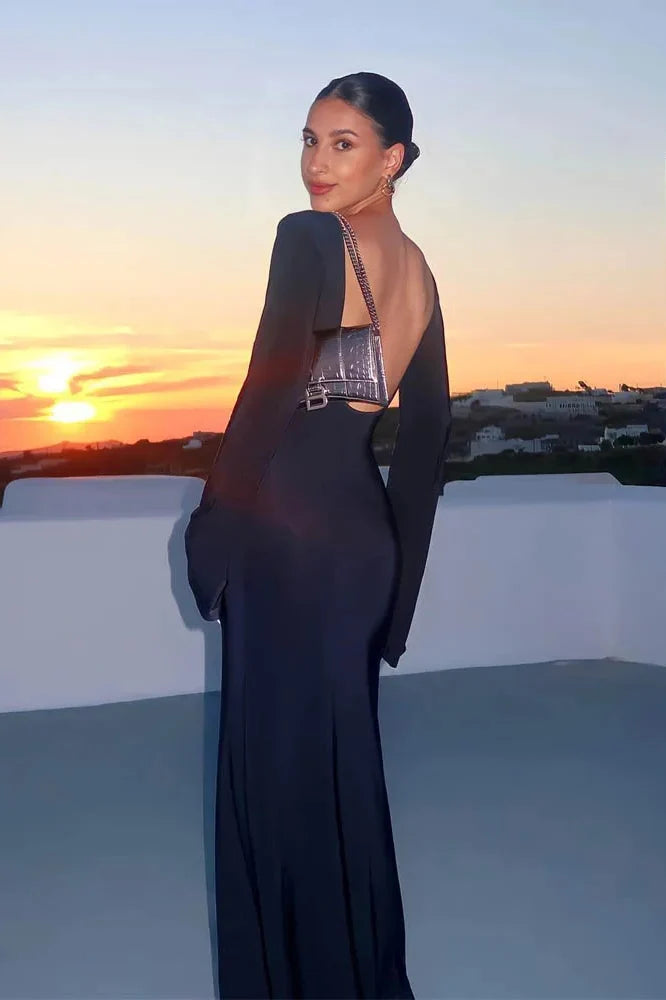 Mesh Long Sleeve See-through Wrap Maxi Dress