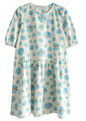 Vestidos casuales de algodón de verano con media manga y cuello redondo en azul 