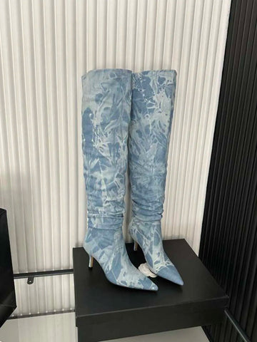 Sexy Overknee-Stiefel für Damen, Chelsea-Booties, spitze Zehenpartie, blau, schwarz, weiß, Jeansstoff, Winterschuhe, Schlupfstiefel für den Herbst 