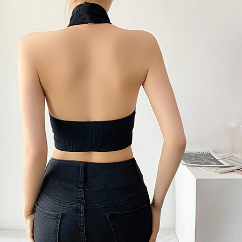 Tops de verano para mujer, básicos, informales, sin mangas, sexys, sin espalda, top corto con cuello halter, ropa Y2k para mujer, camiseta sin mangas elástica acanalada 