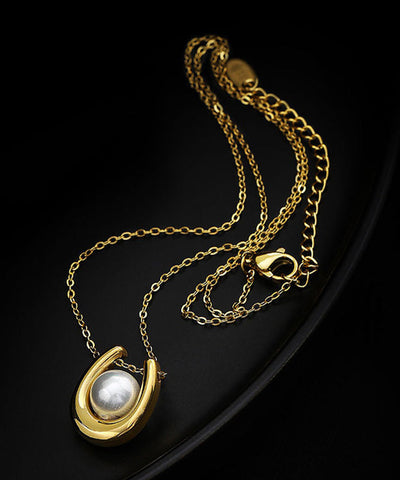 Elegante collar de lazo con perlas en forma de U y plata de ley dorada 