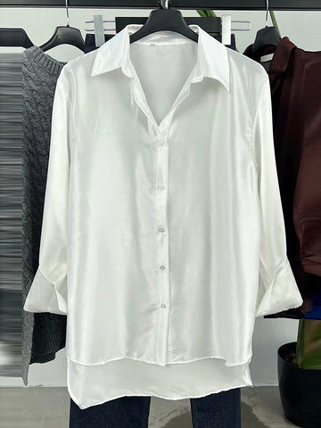 Long Sleeves Loose Buttoned Shiny Solid Color Lapel Blouses&Shirts Tops
