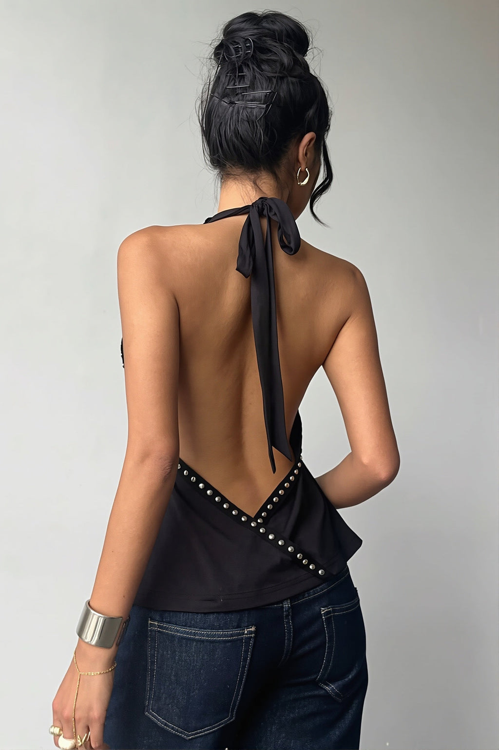 Halter Deep V Backless Rivet Fitted Tank Top