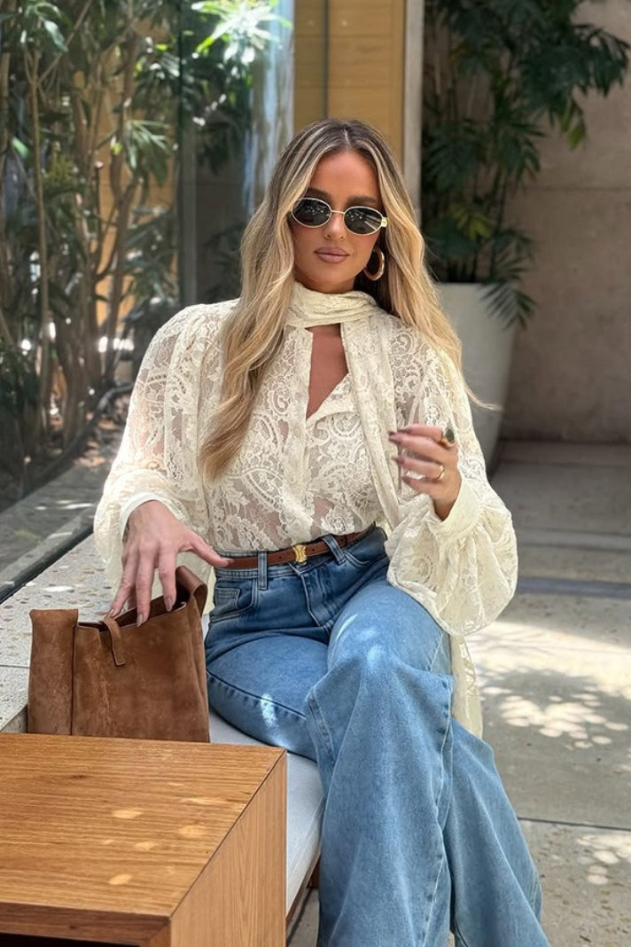 Elegant Tie Sheer Lace Long Sleeve Blouse