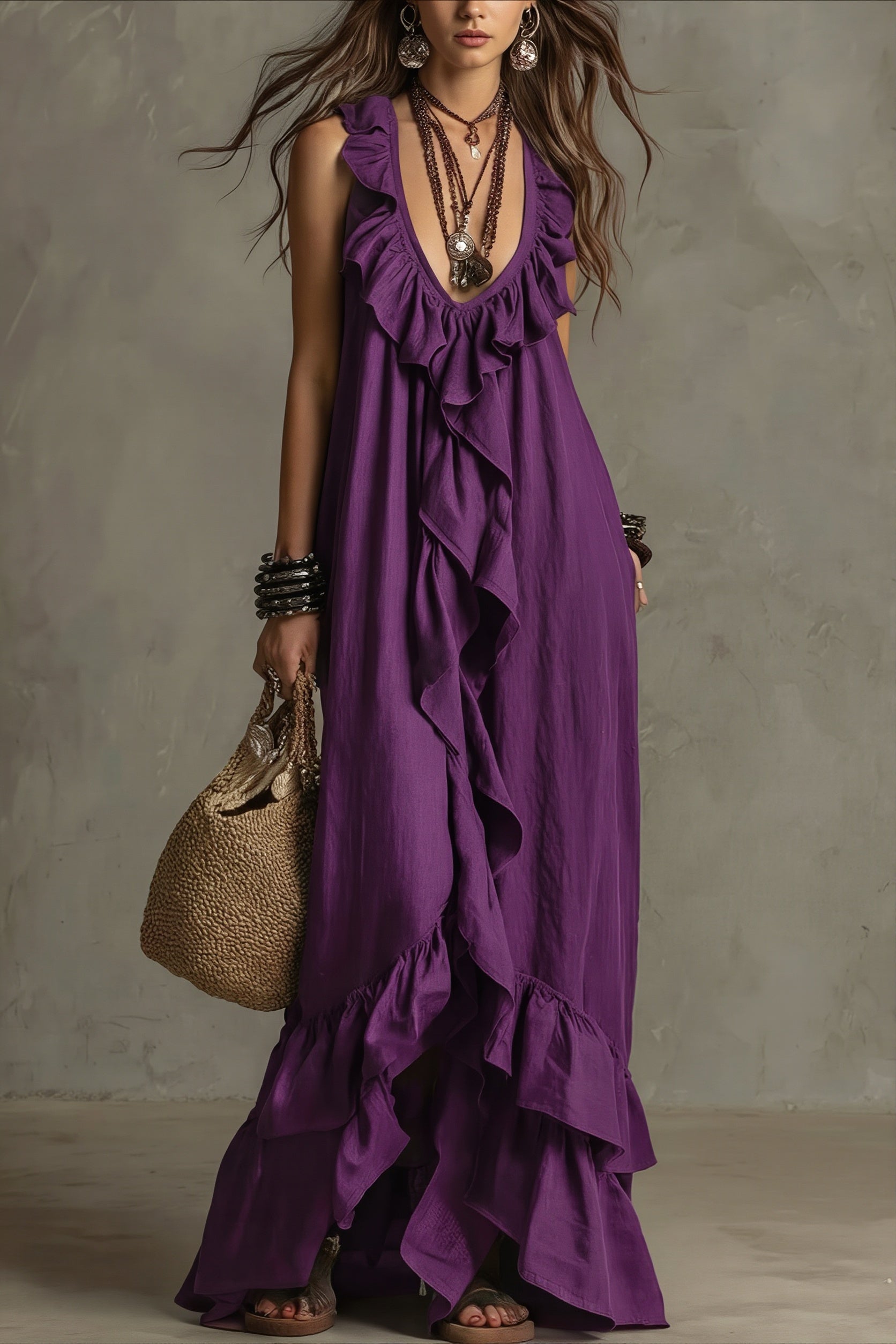 Ruffle Sleeveless Casual Long Boho Dress