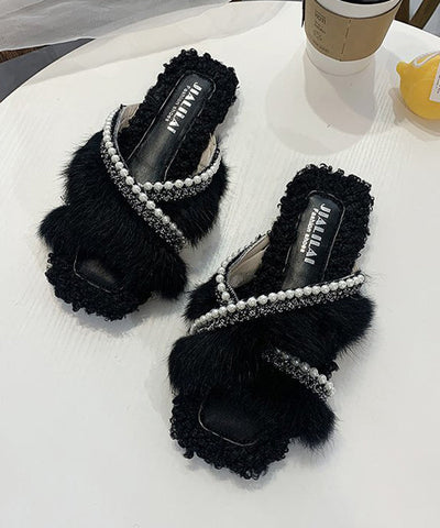 Stilvolle Splicing Fuzzy Pelz Hausschuhe Schuhe Braun Nagel Perle 