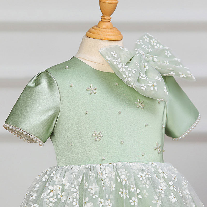 Vestido de fiesta para niña pequeña con estampado de lazo de malla y lazo para fiesta de cumpleaños y comunión 