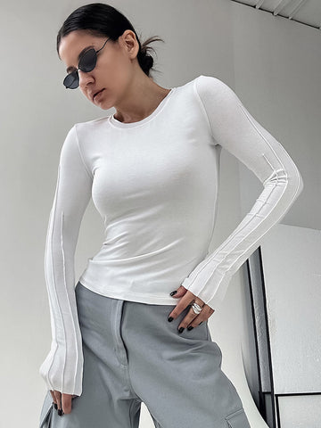 White Pleated Classic Basic Knitted Tees Women Inner Thin Pullover Tops Black Slim Office Lady T-Shirts O-Neck 2024