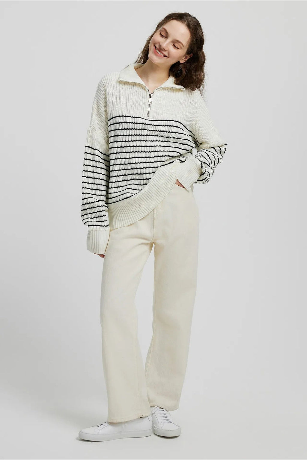 High Neck Striped Color Block Zip Pullover Sweater