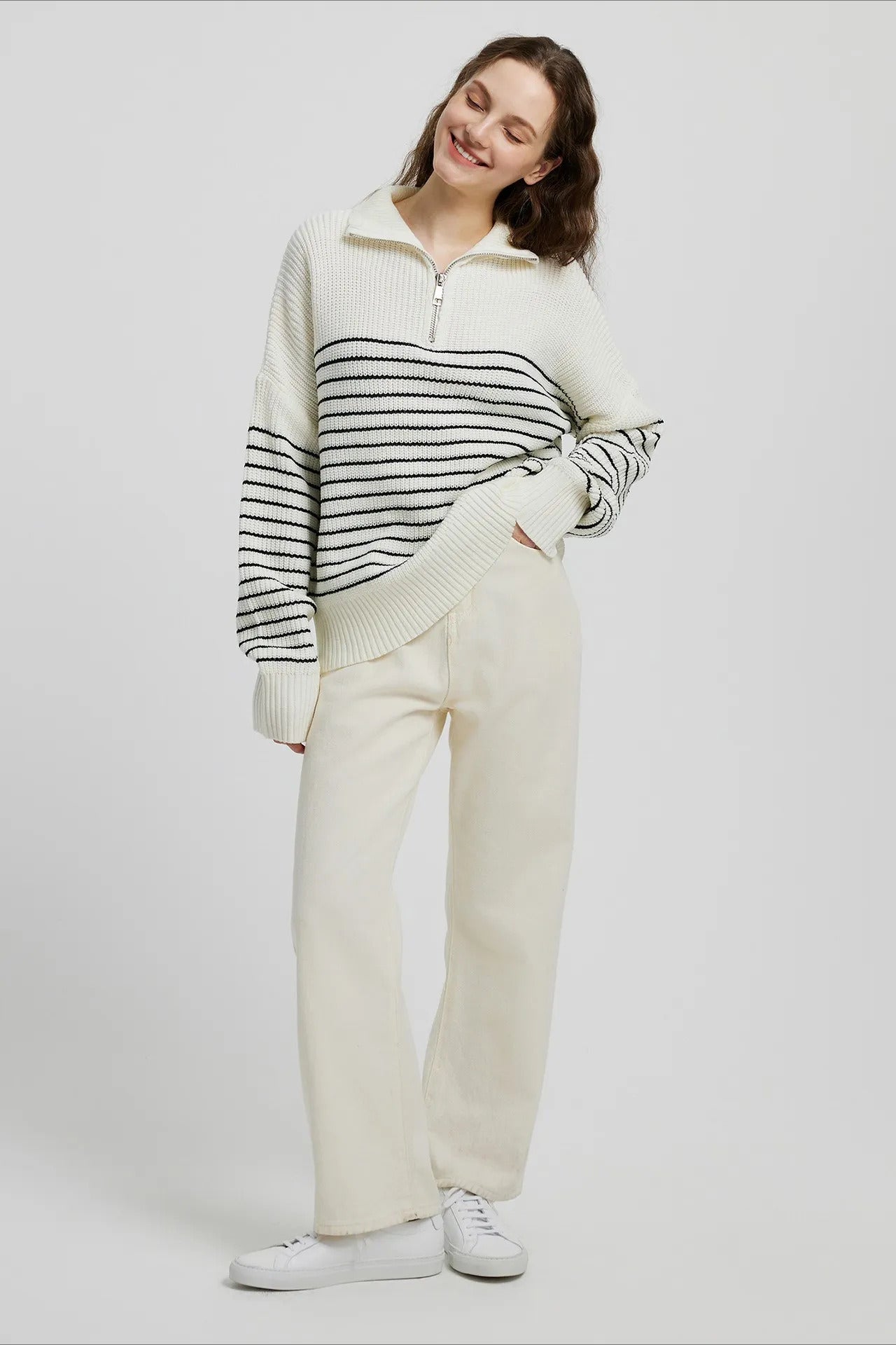 High Neck Striped Color Block Zip Pullover Sweater