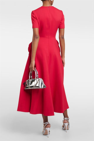 Vestido midi rojo de manga corta con cuello redondo y estampado floral 3D 