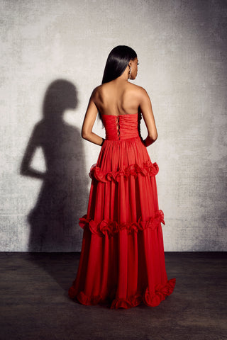 Erica Maxikleid aus plissiertem Chiffon mit Rüschen in Metallic 