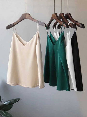 Camisola informal de satén liso con cuello en V sexy para mujer, camisetas sin mangas de gasa, top tipo camisola con cuello halter 