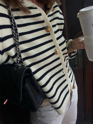 Suéter de punto a rayas con cuello redondo para mujer, cárdigan holgado de manga larga, ajustado, con parches en contraste, prendas de vestir exteriores de verano 