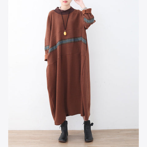 Boutique braunes Pulloverkleid Herbstmode Patchwork Pullover feines High Neck Winterkleid 