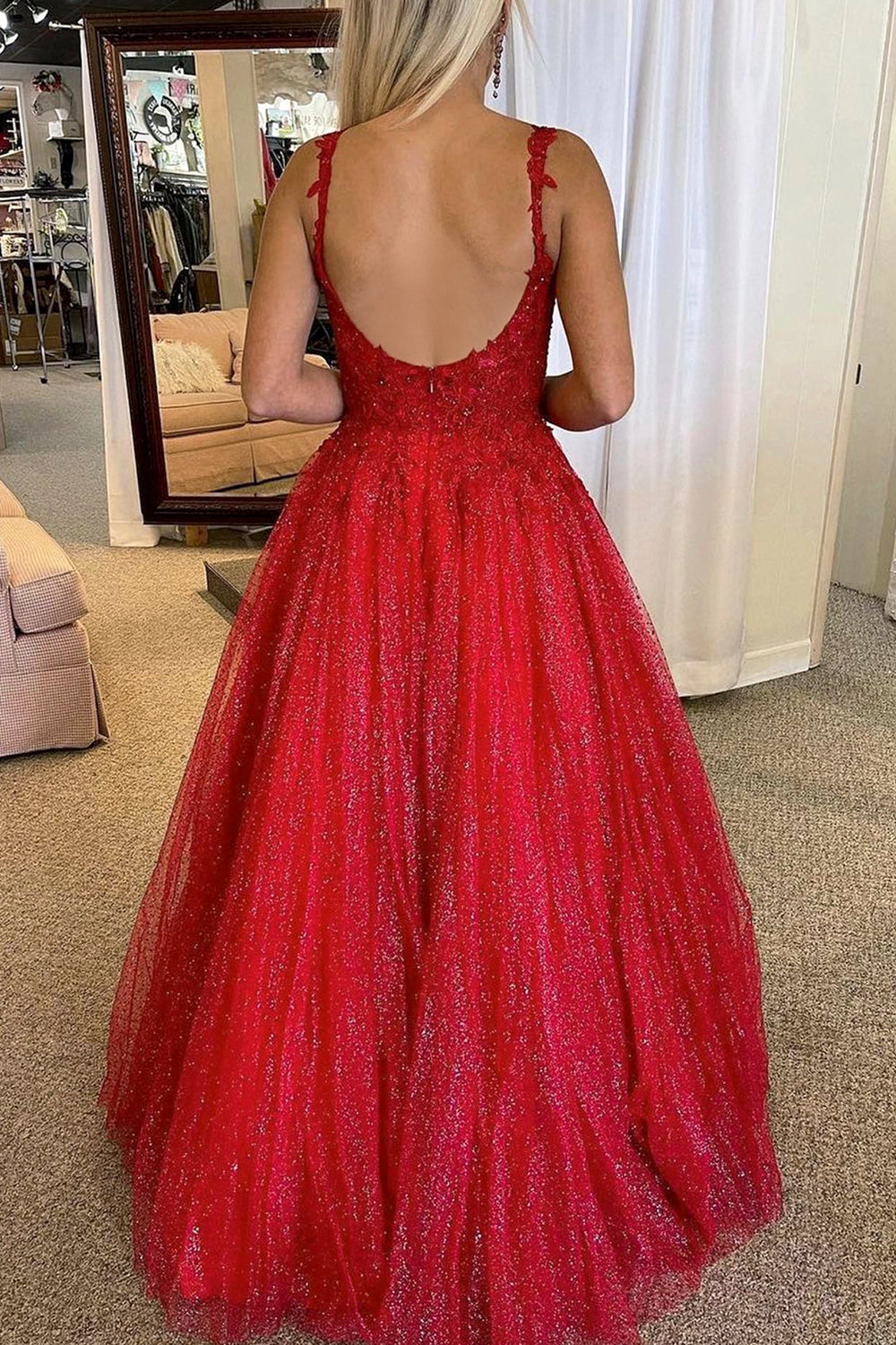 Vestido de fiesta con purpurina, espalda descubierta y corte A