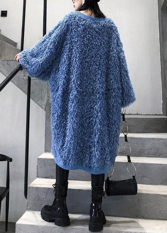 Cute blue Sweater weather plus size o neck tassel Big sweater dresses
