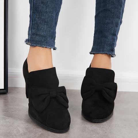 Zapatos de vestir sin cordones con tacón alto y grueso con punta puntiaguda y lazo 