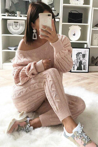 Set aus Zopfmusterpullover und Slim-Fit-Hose mit hohem Tragekomfort 