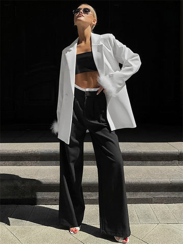 Traje de abrigo de plumas blancas y esponjosas para mujer, moda de otoño 2023, cárdigan de retazos, traje liso y holgado para mujer. 
