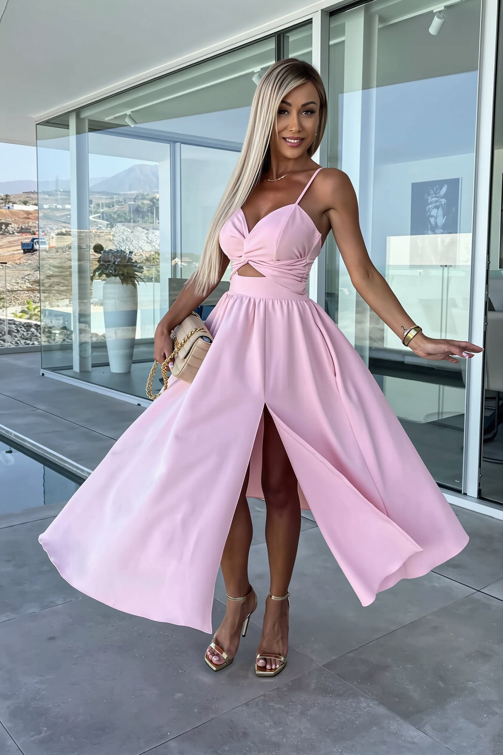 Solid Deep V Cut Out Cami Swing Slit Maxi Dress