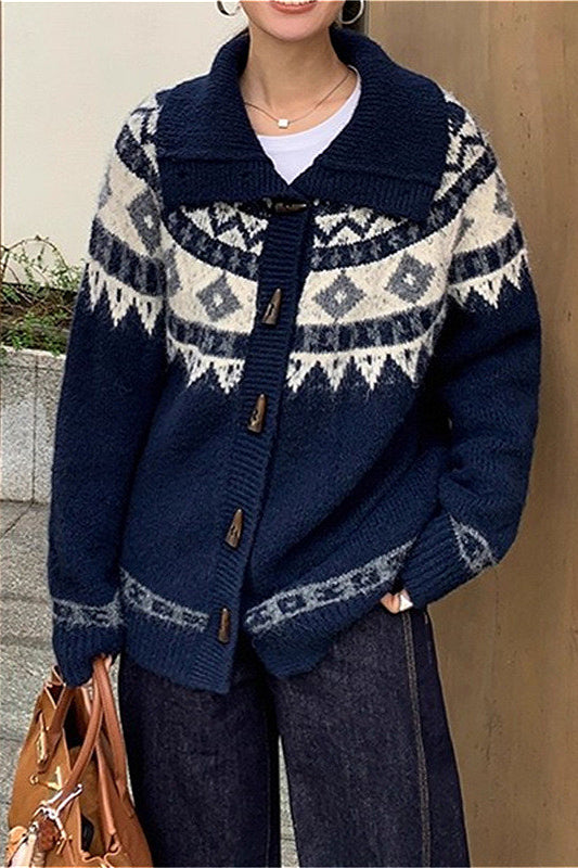 Jacquard Collar Horn Button Retro Loose Knit Cardigan