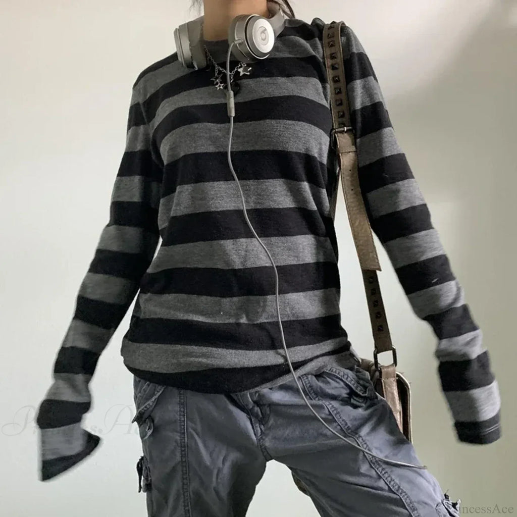 Fairy Grunge Knit Oversized Striped Long Sleeve Crewneck Knit Top