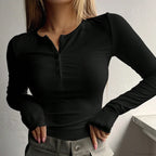 Fall Spring Button Long Sleeve Slim Fit Knit Top