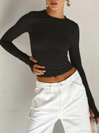Fashion Crew Neck Slim Fit Long Sleeve Knit Top with Thumb Holes