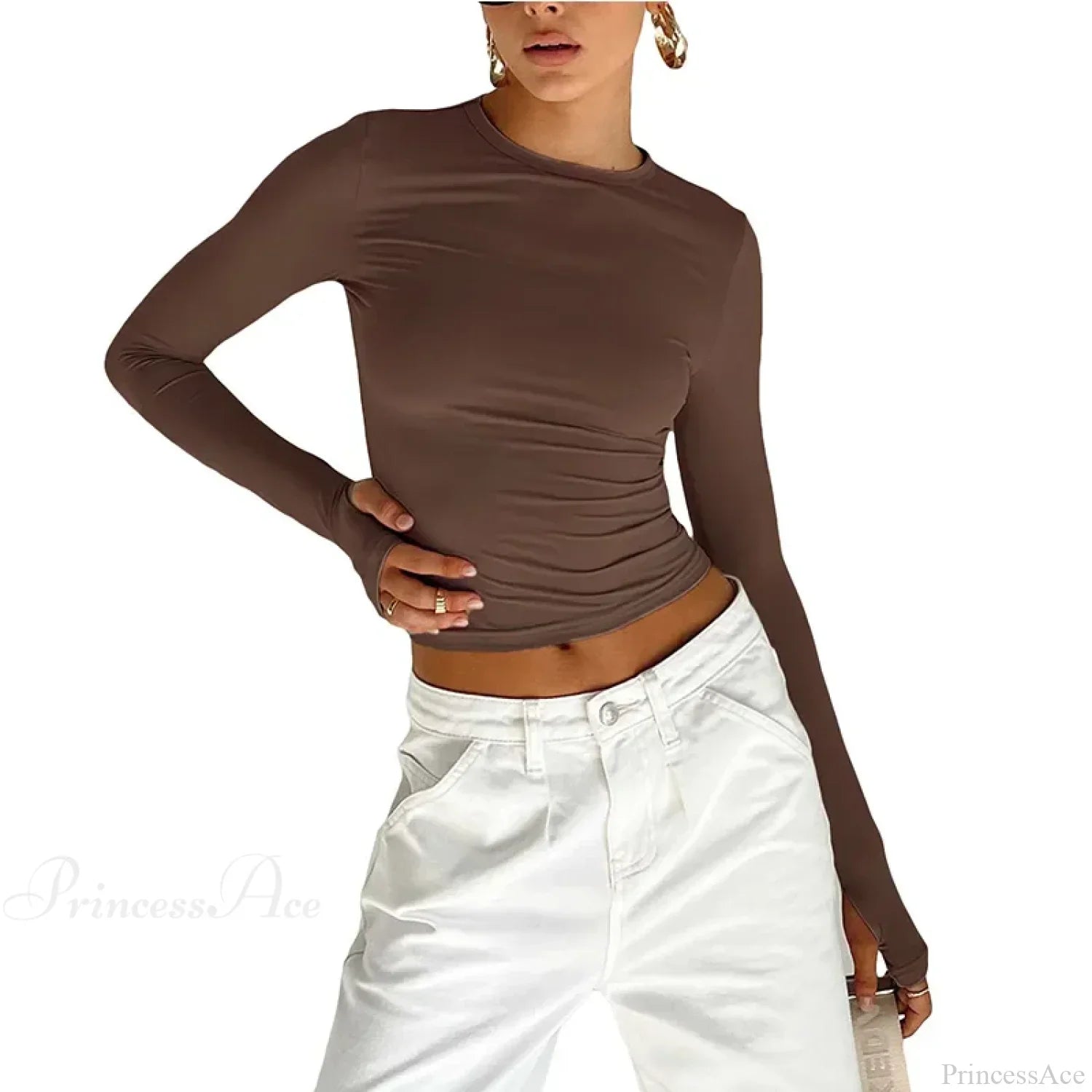 Fashion Crew Neck Slim Fit Long Sleeve Knit Top with Thumb Holes