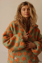 Faux Sherpa Printed Loose Zip Sweatshirt
