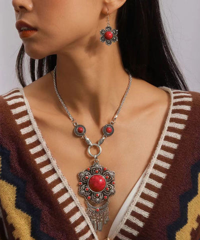 Collar vintage con colgante de borla de ágata roja en plata de ley 