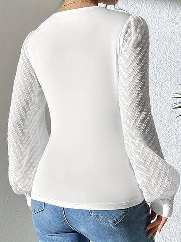 Long Sleeves Hollow Pleated Solid Color Split-Joint Deep V-Neck Blouses&shirts Tops