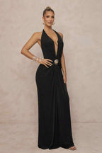 Deep V Halter Ruched Metal Trim Backless Maxi Dress