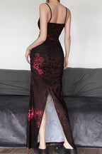 Vintage Spaghetti Strap Bodycon Retro Print Maxi Dress